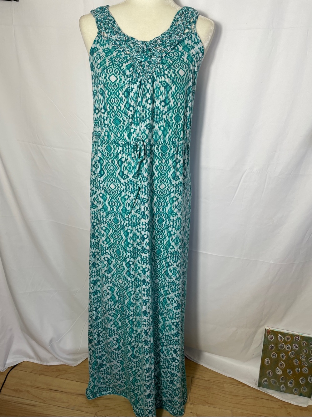 Faded Glory Turquoise and White Ikat Maxi Dress.